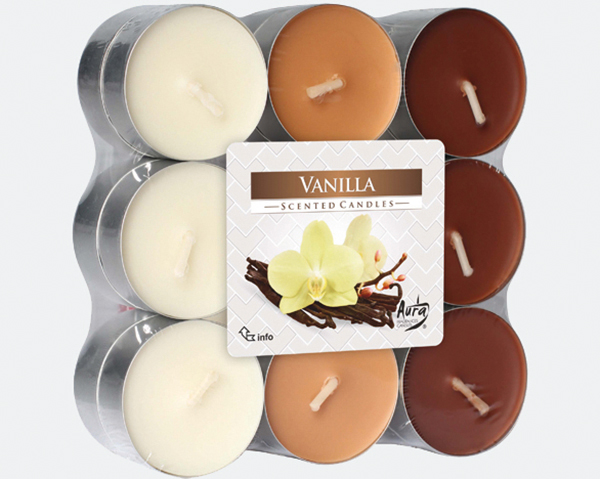 Tealights fragrance 18s vanilla in block pack.