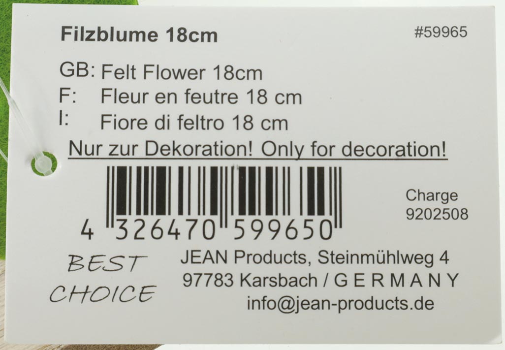 Filzblume 18,7x4,5x9cm, mit großen Blättern