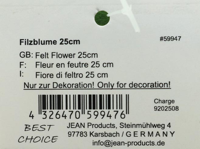 Filzblume 34x8cm, mit Holzstab – verziert