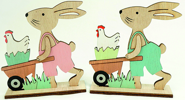 Sweet wooden rabbit with chicken and wagon, on a stand