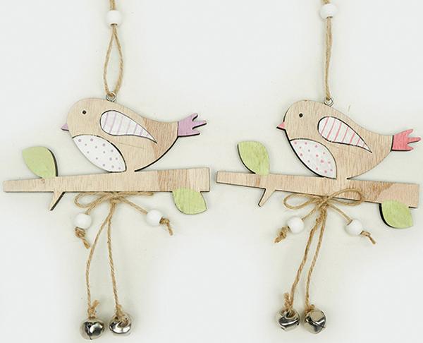 Bird made of wood on a branch to hang up 13x7.5cm, 2