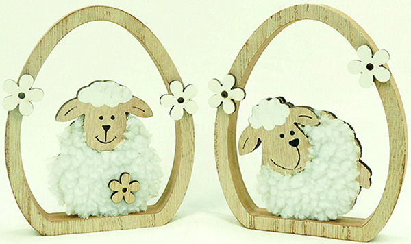 Cute sheep with fur in a wooden hearth 12x10cm, 2 assorted,