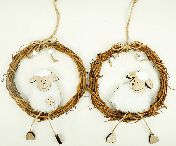 Rattan wreath XL with cute sheep 14.5x14.5x1.5cm, 2