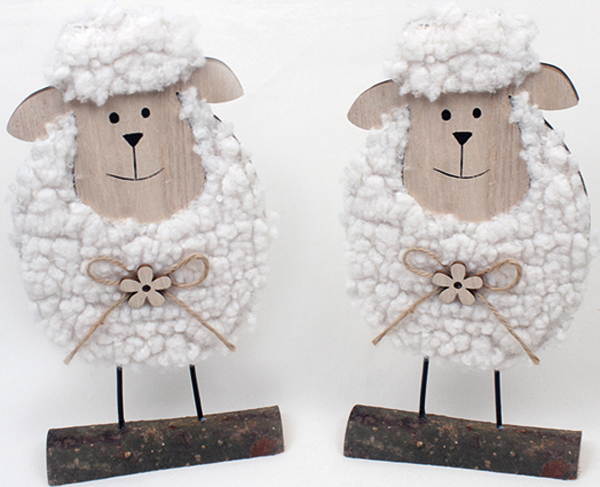 Woodensheep 15x8x3cm with white fur, 2 assorted