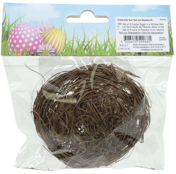 Lot de 6 œufs de Pâques dans un panier en raphia, 9x9x4cm –