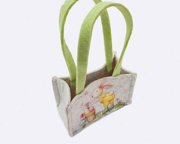 Filztasche 13x17x8cm mit Hasenmotiv und grünem Henkel –