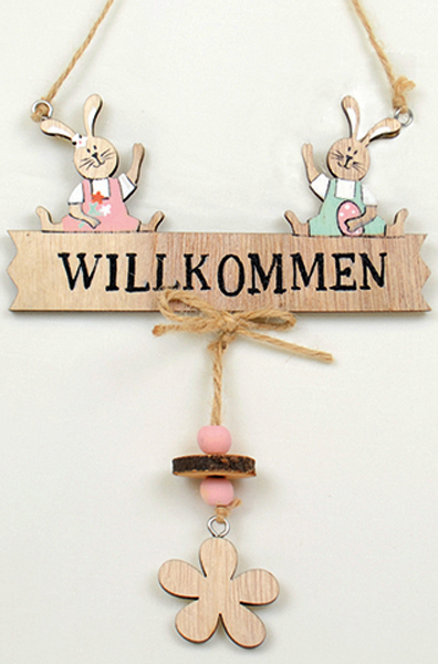 XL Holztürschild 16x13cm "Willkommen" mit zwei Häschen und Holzblume, handverarb