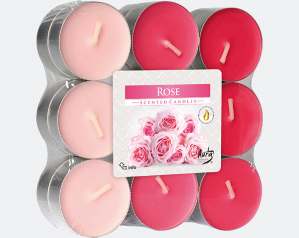 Tealights fragrance 18s rose in block pack.