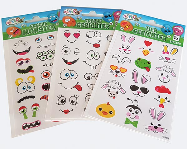 Osterei-Gesichts-Sticker 12er Set, 3f. sortiert