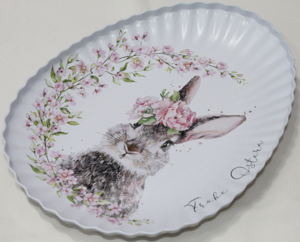 Metal Easter plate with cute rabbit motif 23.7x18.5x2.5cm,