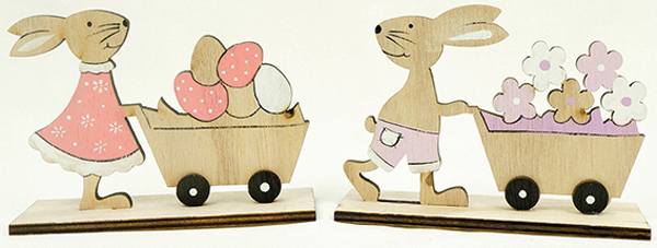 Sweet rabbit with wagon and flowers made of wood on a stand