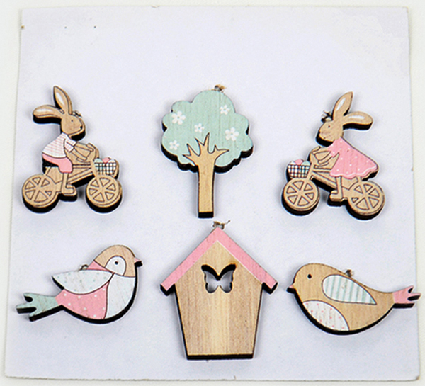 Wooden decoration 5 pieces, each 4x4cm, bunny and