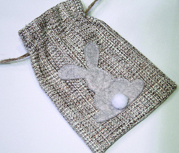 Jute fabric bag with cute bunny and chubby tail 13x10cm,