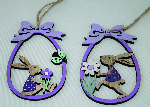 Wooden egg with bunny and bow for hanging 6.5x10x0.5cm,