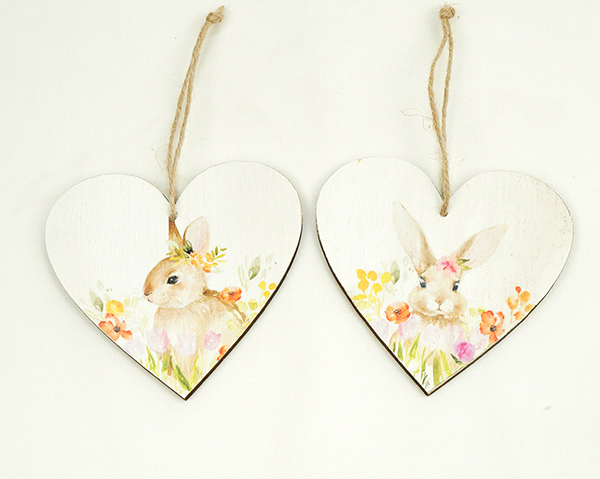 Pendentif coeur en bois avec lapin 9.6x9cm, 2 assortis, fait