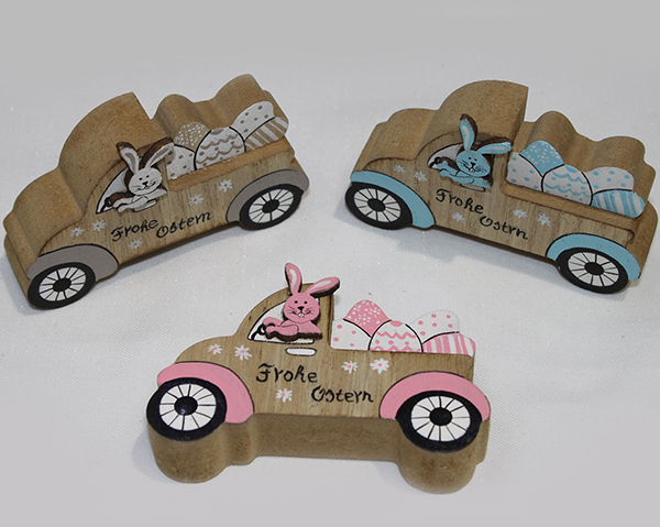 Voiture décorative en bois 8,5x5,5x2,3cm avec des lapins,