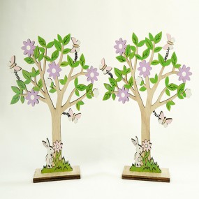 Great wooden tree with rabbits and flowers 15x10x3cm,