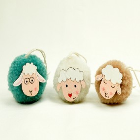 Funny sheep with fur and hanger 4x4x4cm, 3 assorted,