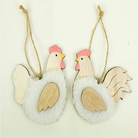 Rooster and hen made of wood with fur 8.5x8x1cm, 2 assorted,